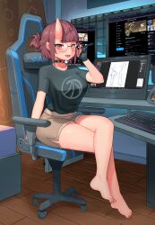  1girl absurdres artist_self-insert artistic_error bad_anatomy bad_feet barefoot black_choker breasts brown_hair brown_shorts chair choker commentary crossed_legs desk dolphin_shorts drawing_tablet english_commentary full_body gaming_chair glasses gloves hair_pulled_back half_gloves heart heart_choker highres horns keyboard_(computer) looking_at_viewer medium_breasts monitor original rajah_(dajah) red_eyes reversed_feet sharp_teeth shirt short_hair short_ponytail shorts single_half_glove single_horn sitting skin-covered_horns slit_pupils solo swivel_chair t-shirt teeth tented_shirt toes upper_teeth_only wrong_foot 