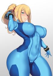 1girl aster_crowley bodysuit breasts cameltoe cleft_of_venus covered_erect_nipples highres impossible_clothes large_breasts metroid nintendo ponytail samus_aran solo tagme rating:Explicit score:108 user:pa161ck