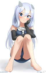  barefoot black_gloves blue_eyes blue_hair blue_panties blue_shirt blue_skirt crop_top elbow_gloves fake_horns gloves horned_headwear horns i-203_(kancolle) kantai_collection light_blue_hair neckerchief nontraditional_school_swimsuit one-hour_drawing_challenge panties pantyshot pencil_skirt ray.s sailor_collar school_swimsuit shirt simple_background skirt swimsuit underwear white_background white_neckerchief white_sailor_collar 