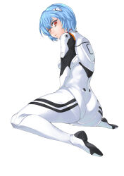  1girl arm_support artist_request ass ayanami_rei blue_hair bodysuit breasts curvy expressionless eyebrows female_focus full_body huge_ass lips looking_at_viewer looking_back neon_genesis_evangelion red_eyes shiny_clothes short_hair simple_background sitting solo white_background white_bodysuit wide_hips  rating:Sensitive score:5 user:popotepopote