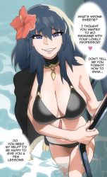  1girl bikini blue_eyes breasts byleth_(female)_(fire_emblem) byleth_(fire_emblem) cleavage fire_emblem fire_emblem:_three_houses fire_emblem_heroes highres large_breasts looking_at_viewer medium_hair nintendo smile swimsuit tagme water  rating:Questionable score:43 user:Boggle34