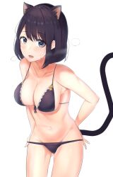 1girl animal_ears bad_tag bikini black_hair breasts cat_ears cat_tail cleavage clothes_pull collarbone koi_to_uso large_breasts looking_at_viewer navel open_mouth pulling_own_clothes short_hair simple_background solo swimsuit tagme tail takasaki_misaki_(koi_to_uso) white_background yoico
