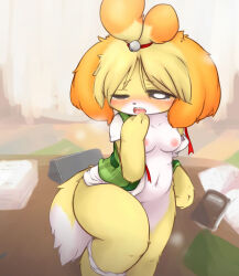  1girl animal_crossing animal_ears animal_hands animal_nose arm_support bell black_sclera blonde_hair blush body_fur book bottomless breasts breath chipar colored_sclera desk dog_ears dog_girl dog_tail fang female_focus furry furry_female green_vest hair_bell hair_ornament hair_tie half-closed_eyes hand_to_own_mouth hand_up indoors isabelle_(animal_crossing) jingle_bell looking_at_viewer navel neck_ribbon nintendo nipples nose_blush on_desk open_clothes open_mouth open_shirt open_vest panties panties_around_ankles panty_pull paper_stack plaid plaid_vest raised_eyebrows red_ribbon ribbon shirt short_hair short_sleeves sitting small_breasts solo stomach tail tears teeth thick_thighs thighs tongue topknot two-tone_fur underwear uneven_eyes vest white_eyes white_fur white_shirt wide_hips yellow_fur 