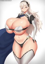  1girl blush breasts cape corrin_(female)_(fire_emblem) corrin_(fire_emblem) curvy female_focus fire_emblem fire_emblem_fates gloves hand_on_own_hip huge_breasts kainkout long_hair navel nintendo pointy_ears red_eyes skindentation solo thick_thighs thighhighs thighs white_hair wide_hips 