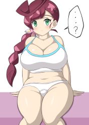  1girl absurdres blush breasts chloe_(pokemon) cleavage colorized creatures_(company) crossed_legs facing_viewer flower game_freak green_eyes hair_between_eyes hair_flower hair_ornament hair_over_one_eye hair_ribbon highres jaga334 large_breasts long_hair looking_at_viewer nintendo panties pants plump pokemon pokemon_(anime) pokemon_journeys purple_hair ribbon shirt sitting solo thick_arms thick_thighs thighs underwear white_background white_panties white_pants white_shirt white_top  rating:Questionable score:48 user:BigBlackFucker