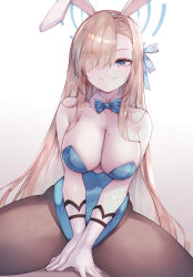  1girl animal_ears asuna_(blue_archive) asuna_(bunny)_(blue_archive) blue_archive blue_bow blue_bowtie blue_eyes blue_halo blue_leotard blue_ribbon bow bowtie breasts brown_pantyhose commentary covered_navel detached_collar english_commentary fake_animal_ears gloves grin hair_over_one_eye hair_ribbon halo highres large_breasts leotard long_hair looking_at_viewer mole mole_on_breast official_alternate_costume pantyhose parororo playboy_bunny pov ribbon sitting smile solo spread_legs straddling thighs very_long_hair white_gloves 