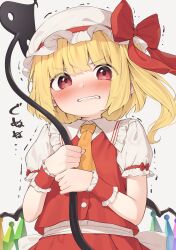  1girl ascot blonde_hair blunt_bangs blush bow clenched_teeth commentary_request flandre_scarlet flat_chest frilled_shirt_collar frills gununu_(meme) hat hat_bow highres holding holding_weapon kanpa_(campagne_9) laevatein_(touhou) looking_at_viewer meme mob_cap puffy_short_sleeves puffy_sleeves red_bow red_skirt red_vest short_hair short_sleeves simple_background skirt skirt_set solo teeth touhou translated trembling upper_body vest weapon white_background wrist_cuffs yellow_ascot 