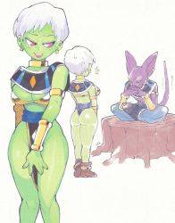  1boy 1girl alternate_costume animal_ears ass beerus breasts bulge cat_ears cheelai cleavage colored_skin dragon_ball dragon_ball_super dragon_ball_super_broly earrings egyptian_clothes erection erection_under_clothes gloves green_skin highres indian_style inkerton-kun jewelry medium_breasts open_mouth purple_eyes purple_skin short_hair sitting sitting_on_tree_stump standing tail white_hair  rating:Sensitive score:133 user:danbooru