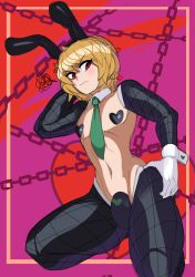  1boy absurdres animal_costume annoyed belly blonde_hair blush bulge captain_kirb costume covering_privates covering_breasts covering_nipples crossdressing earrings flat_chest gloves highres hip_bones hunter_x_hunter jewelry kneeling kurapika latex leotard male_focus meme_attire navel necktie panties pasties penis_bulge penis_sheath playboy_bunny rabbit_ears red_eyes reverse_bunnysuit reverse_outfit shounen_jump solo stomach thick_thighs thighhighs thighs trap underwear white_gloves wide_hips  rating:Questionable score:35 user:cutetwinkdick