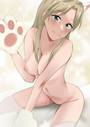 1girl animal_ears animal_hands blush breasts cat_ears closed_mouth eqe_(eqeart) fake_animal_ears grey_eyes highres light_brown_hair long_hair looking_at_viewer medium_breasts murashige_yuzuki navel nipples nude parted_bangs sitting skip_to_loafer solo stomach straight_hair teardrop thighhighs wavy_mouth white_thighhighs rating:Questionable score:55 user:danbooru