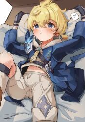  arms_up blonde_hair blue_eyes bulge embarrassed fully_clothed_male genshin_impact highres image_sample knee_up looking_ahead lying male_focus mika_(genshin_impact) navel on_back on_bed open_mouth pillow pillow_grab question_mark shorts shota sweat sweatdrop twitter_sample znnnnzuuntsts 