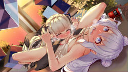 +_+ 2girls azur_lane barefoot black_dress blue_eyes blunt_bangs blush breasts can canned_coffee clothed_sex collarbone constricted_pupils criss-cross_halter cunnilingus double_bun dress drink_can dutch_angle formidable_(azur_lane) frilled_dress frills full_body hair_between_eyes hair_bun hair_ribbon half-closed_eyes halterneck heavy_breathing highres indoors le_malin_(azur_lane) le_malin_(sleepy_sunday)_(azur_lane) licking light_brown_hair long_hair looking_at_another looking_away lying monobe_yuri multiple_girls nose_blush on_back on_table open_mouth oral red_eyes ribbon silver_hair small_breasts spread_legs spread_toes sweat symbol-shaped_pupils table toes tongue tongue_out top-down_bottom-up twintails two-tone_dress two-tone_ribbon very_long_hair white_dress yuri rating:Explicit score:604 user:danbooru