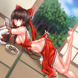 1girl ass barefoot breasts brown_eyes brown_hair butt_crack circle_hitori cookie covered_erect_nipples female_focus food hakurei_reimu highres large_breasts long_hair solo source_request touhou 