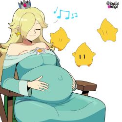 animated bare_shoulders blonde_hair blue_eyes breasts chair collarbone crown dress earrings fetal_movement hair_over_one_eye hands_on_own_stomach jewelry large_breasts long_hair looping_animation luma_(mario) mario_(series) nintendo noodlemage outie_navel pregnant rocking_chair rosalina sitting super_mario_galaxy video rating:Sensitive score:200 user:Oppai_chan