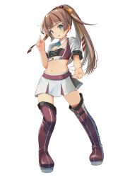  1girl absurdres alternate_costume bandeau boots breasts brown_hair clothes_writing cropped_jacket full_body grey_eyes hair_ribbon highres jacket kantai_collection kazagumo_(kancolle) long_hair looking_at_viewer midriff multiple_views pleated_skirt ponytail purple_bandeau purple_footwear race_queen ribbon simple_background skirt small_breasts thigh_boots white_background white_jacket white_skirt yashin_(yasinz) 