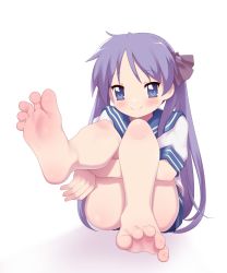  1girl barefoot blue_eyes blush feet foot_focus highres hiiragi_kagami long_hair looking_at_viewer lucky_star maidforge skirt smile soles solo toes twintails white_background  rating:Sensitive score:236 user:FabricioDias