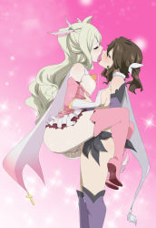 2girls absurdres ass bare_shoulders blonde_hair blush boots grabbing_another&#039;s_breast breasts brown_hair closed_eyes cosplay fairy_tail fate/kaleid_liner_prisma_illya fate_(series) french_kiss gloves grabbing highres kiss lexus_(artist) long_hair mavis_vermilion medium_breasts miyu_edelfelt_(cosplay) multiple_girls nipples no_bra no_panties prisma_illya_(cosplay) pussy pussy_juice saliva skirt thighs tongue tongue_out uncensored yuri zera_(fairy_tail) rating:Explicit score:332 user:bryanlg