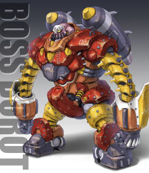 absurdres boss_borot character_name clenched_hands commentary_request glint gradient_background highres jetpack machinery maeda_hiroyuki mazinger_(series) mazinger_z mecha mecha_focus missile missile_pod no_humans original redesign robot science_fiction shadow super_robot