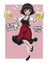  1girl 2024 :d alcohol apron beer beer_mug birthday black_dress black_footwear blue_eyes border breasts brown_hair character_name cleavage commentary cup dated dirndl dress german_clothes girls_und_panzer hida_ema holding holding_cup mary_janes medium_breasts medium_dress mug notice_lines open_mouth outline pink_background red_apron shirt shoes short_hair short_sleeves simple_background smile solo standing standing_on_one_leg takahashi_kurage translated underbust waist_apron white_border white_outline white_shirt 