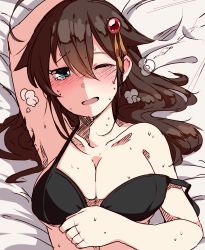 10s 1girl alternate_hairstyle arm_up armpits bad_id bad_twitter_id bed_sheet black_bra blue_eyes blue_theme blush bra breasts breath brown_hair cleavage commentary crosshatching hair_between_eyes hair_down hair_ornament hand_on_own_chest hatching_(texture) implied_sex kantai_collection long_hair looking_at_viewer lying nose_blush on_back open_mouth shigure_(kancolle) solo strap_slip suruga_(xsurugax) sweat underwear upper_body rating:Questionable score:32 user:danbooru