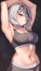  1girl absurdres alternate_costume aoi_zerii armpits arms_up bare_arms bare_shoulders black_hair black_pants black_sports_bra blush braid braided_bangs breasts closed_mouth commentary_request dark_background grey_hair hair_ornament highres hololive large_breasts midriff multicolored_hair navel one_eye_closed pants presenting_armpit red_eyes sakamata_chloe short_hair simple_background solo sports_bra streaked_hair sweat sweatdrop upper_body virtual_youtuber x_hair_ornament 