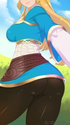 1girl ass ass_focus blonde_hair breasts cameltoe dr_altruist from_behind head_out_of_frame highres hip_focus huge_ass large_breasts long_hair nintendo pants princess_zelda selfie shiny_clothes shirt sideboob smile solo the_legend_of_zelda the_legend_of_zelda:_breath_of_the_wild thick_thighs thighs tight_clothes tight_pants watermark web_address wide_hips rating:Questionable score:74 user:armorcrystal