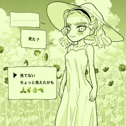  1girl absurdres angry blush breasts dialogue_options dress ear_piercing eisu_(eith) embarrassed emoji field flower flower_field hairband harsha_(eisu) hat highres monochrome original panties_day piercing small_breasts sun_hat sundress sunflower sunflower_field thick_eyebrows translation_request twintails 