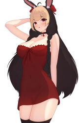  1girl ahoge animal_ear_fluff animal_ears arm_at_side arm_up bare_arms bare_shoulders bell black_choker black_hair black_thighhighs blonde_hair braid breasts choker cleavage covered_navel cowboy_shot dress hand_on_own_head indie_virtual_youtuber jingle_bell large_breasts lauporrit light_blush long_braid long_hair looking_at_viewer multicolored_hair neck_bell open_mouth pokyo rabbit_ears red_dress red_eyes red_ribbon ribbon short_dress simple_background solo standing strapless strapless_dress thighhighs two-tone_hair virtual_youtuber white_background zettai_ryouiki 