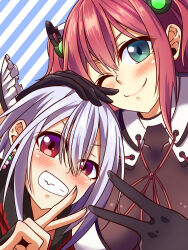  2girls anniversary black_cape black_gloves cape close-up closed_mouth commentary_request earrings food-themed_earrings frilled_sleeves frills gloves green_eyes hacchou_nenbutsu_(tenka_hyakken) hachimonji_chougi hakuyan8989 highres jewelry kanji_connection long_hair looking_at_viewer multiple_girls name_connection one_eye_closed open_mouth pink_hair pink_ribbon purple_hair red_cape red_eyes ribbon sailor_collar short_hair smile striped_background teeth tenka_hyakken two_side_up v-shaped_eyebrows 