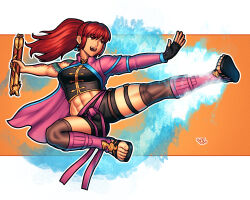  1girl abs breasts earrings female_focus fingerless_gloves flying_kick full_body gloves highres jewelry kicking killer_instinct kim_wu long_hair matching_hair/eyes medium_breasts midriff muscular muscular_female navel nunchaku ponytail red_eyes red_hair sandals single_glove solo tattoo thick_thighs thigh_strap thighs toes vj99 weapon 