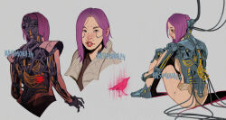  1girl architecture artist_name back blush brown_eyes brown_jacket cable closed_mouth cyberpunk_(series) cyberpunk_2077 cyborg east_asian_architecture from_behind grey_background hologram hugging_own_legs jacket kasimova_art knees_up looking_at_viewer mechanical_arms mechanical_hands mechanical_head mechanical_parts mechanical_spine multiple_views open_mouth purple_hair red_lips short_hair simple_background sitting songbird_(cyberpunk) teeth wire 