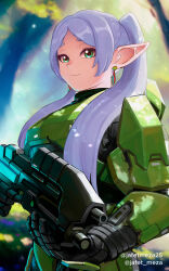  1girl armor artist_name assault_rifle blurry blurry_background bullpup commentary dangle_earrings earrings english_commentary frieren green_eyes gun hair_over_shoulder halo:_combat_evolved halo_(series) highres holding holding_weapon jafet_meza jewelry long_hair looking_at_viewer ma5 parted_bangs power_armor rifle smile solo sousou_no_frieren spartan_(halo) thick_eyebrows twintails twitter_username weapon white_hair 
