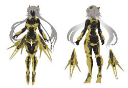  1girl android arm_guards arms_at_sides barcode black_eyes black_skin borrowed_character breasts collar colored_eyelashes colored_skin commission expressionless flat_color from_behind full_body grey_hair high_heels highres horns joints large_breasts leash long_hair looking_at_viewer low_twintails multiple_views mytea_(soso) navel original pigeon-toed robot_joints skeb_commission solo twintails very_long_hair 