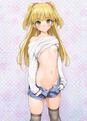  10s 1girl bare_shoulders black_thighhighs blonde_hair blush breasts clitoris_slip clothes_lift flat_chest green_eyes groin hair_ornament idolmaster idolmaster_cinderella_girls ishikei jougasaki_rika loli long_hair long_sleeves looking_at_viewer navel nipples no_bra no_panties off_shoulder open_fly polka_dot polka_dot_background pussy pussy_peek shiny_skin shirt_lift short_shorts shorts skindentation sleeves_past_wrists small_breasts solo standing thighhighs twintails two_side_up undressing unzipped wavy_mouth zettai_ryouiki  rating:Explicit score:735 user:danbooru