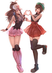  2girls bare_arms bare_shoulders baseball_cap blue_eyes boots brown_eyes brown_hair commission cosplay creatures_(company) dawn_(pokemon) dawn_(pokemon)_(cosplay) dress full_body game_freak gloria_(pokemon) grin hat heart heart_hands heart_hands_duo high-waist_skirt highres hilda_(pokemon) legs_together long_hair miniskirt momdy_(talesshinja) multiple_girls nintendo one_eye_closed open_mouth outstretched_arm over-kneehighs parted_bangs pink_footwear pixiv_commission pokemon pokemon_bw pokemon_swsh serena_(pokemon) serena_(pokemon)_(cosplay) shirt shirt_tucked_in shoes short_dress short_hair skindentation skirt sleeveless sleeveless_dress sleeveless_shirt smile standing standing_on_one_leg swept_bangs tam_o&#039;_shanter thighhighs zettai_ryouiki 