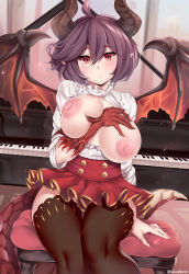 1girl arm_between_breasts between_breasts black_thighhighs blush breasts breasts_out buttons dragon_horns dragon_tail dragon_wings dress_shirt female_pubic_hair granblue_fantasy grea_(shingeki_no_bahamut) hair_between_eyes hip_focus horns instrument kanachirou large_areolae large_breasts looking_at_viewer nipples no_panties open_clothes open_shirt parted_lips piano pointy_ears pubic_hair puffy_nipples purple_hair red_eyes red_skirt shingeki_no_bahamut shirt short_hair sitting skirt slit_pupils solo tail thighhighs thighs twitter_username unaligned_breasts wings rating:Questionable score:61 user:danbooru