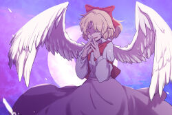  1girl blonde_hair bow breasts brown_jacket commentary commentary_request crescent_moon evil_grin evil_smile feathered_wings gengetsu_(touhou) grin hair_bow highres jacket long_skirt long_sleeves lotus_land_story medium_breasts mitonka2 moon night night_sky own_hands_together red_bow sharp_teeth shirt short_hair skirt sky smile teeth touhou touhou_(pc-98) upper_teeth_only white_shirt wings yellow_eyes 