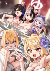  5girls :3 :d absurdres animal_ear_fluff animal_ears armpits asymmetrical_horns black_flower black_hair black_horns blonde_hair blue_eyes blue_hair blush bow breasts colored_inner_animal_ears commentary crossed_bangs demon_horns dog_ears dog_girl dutch_angle english_commentary fang flower fuwawa_abyssgard grey_hair hair_between_eyes hair_bow hair_bun hair_flaps hair_flower hair_ornament hand_up highres holoadvent hololive hololive_english horn_flower horns jadea5124 jewel_under_eye kanzashi koseki_bijou kouhaku_nawa large_breasts looking_at_viewer looking_up mococo_abyssgard mole mole_under_eye multicolored_hair multiple_girls naked_towel nerissa_ravencroft official_alternate_hairstyle onsen open_mouth partially_submerged pebble_(koseki_bijou) pink_flower pink_hair purple_eyes purple_flower red_eyes rope shimenawa shiori_novella short_hair sidelocks single_hair_bun sitting smile split-color_hair steam streaked_hair towel two-tone_hair v virtual_youtuber w water white_towel yellow_eyes  rating:Sensitive score:22 user:danbooru