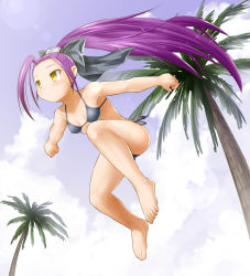  1girl :&lt; ahoge barefoot bikini black_bikini black_bow bow breasts character_request clenched_hands day emil_chronicle_online hair_bow highres huge_ahoge jumping kasuga_yukihito long_hair ponytail purple_hair side-tie_bikini_bottom small_breasts solo sparkle swimsuit toes very_long_hair yellow_eyes 