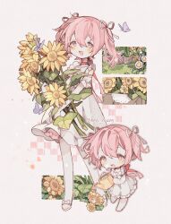  1girl armband bare_arms bare_legs barefoot bow bug butterfly checkered_background chibi chibi_inset choker clover collarbone daisy dandelion doily dress flower flower_pot footwear_bow four-leaf_clover frilled_armband frilled_dress frills garden grass hair_between_eyes hair_ribbon happy heo_nyang highres holding holding_flower holding_watering_can insect kaname_madoka leaf leaning_forward light_blush light_particles luminous_(madoka_magica) mahou_shoujo_madoka_magica mahou_shoujo_madoka_magica_(anime) mahou_shoujo_madoka_magica_movie_1_&amp;_2 no_nose open_mouth pastel_colors petticoat pink_hair plant purple_butterfly red_choker red_ribbon ribbon ribbon_choker sandals sidelocks simple_background sleeveless sleeveless_dress smile solo spaghetti_strap standing standing_on_one_leg sunflower twintails twitter_username water watering_can white_armband white_background white_dress white_flower white_footwear white_ribbon yellow_flower 
