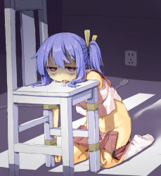  1girl after_rape after_vaginal aftersex bad_id bad_twitter_id blue_hair bound bound_arms bound_wrists chair clothes_pull crying crying_with_eyes_open cum cum_in_pussy cum_pool cumdrip dot_nose drooling eyebrows female_focus full_body hair_ribbon hassai highres indoors loli navel pleated_skirt red_eyes red_sailor_collar red_skirt ribbon sailor_collar shadow shirt side_ponytail skirt skirt_pull socks solo sweat tears unzipped white_shirt white_socks yellow_ribbon zipper  rating:Explicit score:257 user:laura.loli