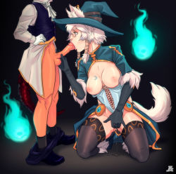 1boy 1girl animal_ears bad_id bad_pixiv_id black_footwear black_gloves black_legwear black_pants breasts breasts_out clothes_pull cum cum_string elbow_gloves erection facial fellatio female_masturbation fire fur_trim glasses gloves gluteal_fold green_eyes hands_on_own_hips hat hetero highres kneeling long_sleeves looking_up masturbation nipples oral original pants pants_pull penis ponpu_(pumpkinsinclair) pussy_juice pussy_juice_puddle pussy_juice_trail saliva saliva_trail scale scales shirt shoes short_hair spread_legs standing tail tattoo testicles thighhighs tongue tongue_out uncensored vest white_gloves white_hair white_shirt witch_hat rating:Explicit score:79 user:danbooru