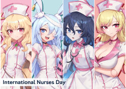  3girls aged_up alternate_breast_size animal_ears artist_request blonde_hair blue_eyes blue_hair blush breasts choker cleavage closed_mouth cowboy_shot dress english_text flat_chest hair_between_eyes hat highres holding international_nurses_day large_breasts little_witch_nobeta long_hair looking_at_viewer monica_(little_witch_nobeta) multiple_girls nobeta nurse nurse_cap official_art one_eye_covered open_mouth plus_sign rabbit_ears red_eyes short_sleeves small_breasts smile stethoscope tania_(little_witch_nobeta) teeth upper_teeth_only very_long_hair white_dress 