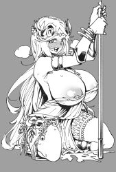  1girl bare_shoulders blush breasts cum cum_pool dress greyscale highres jewelry kid_icarus large_breasts long_hair looking_at_viewer monochrome necklace nintendo open_mouth palutena smile solo staff sweat thighhighs tiara tibonobannsann very_long_hair  rating:Explicit score:66 user:danbooru