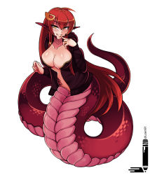  1girl artist_name blush breasts cleavage collarbone commission full_body grin hair_between_eyes hair_ornament hairclip highres hood hoodie jacket jewelry lamia large_breasts lips loen long_hair looking_at_viewer miia_(monster_musume) monster_girl monster_girl_encyclopedia monster_musume_no_iru_nichijou open_mouth parody pointy_ears red_hair ring scales simple_background slit_pupils smile solo style_parody tail teeth very_long_hair wedding_band white_background yellow_eyes  rating:Sensitive score:46 user:danbooru