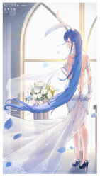  1girl absurdres animal_ears artist_name ass ass_grab azur_lane backless_dress backless_outfit bare_back between_buttocks blue_eyes blue_footwear blue_hair blue_petals bouquet breasts bridal_veil butt_crack dress earrings fake_animal_ears flower from_behind hair_ornament highres jewelry large_breasts long_hair looking_at_viewer looking_back new_jersey_(azur_lane) new_jersey_(snow-white_ceremony)_(azur_lane) official_alternate_costume rose see-through see-through_dress solo star_(symbol) star_hair_ornament veil very_long_hair wedding_dress white_flower white_rose yiyuanshierhui  rating:Sensitive score:15 user:danbooru
