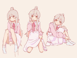  1girl ahoge bare_legs between_legs chinese_commentary clothes_lift commentary_request frilled_shirt_collar frills full_body grey_hair hair_between_eyes hand_between_legs highres hugging_own_legs kneeling long_hair long_sleeves looking_at_viewer multicolored_hair multiple_views neck_ribbon no_shoes o3o onii-chan_wa_oshimai! oyama_mahiro pink_hair pink_shirt red_ribbon ribbon shirt simple_background sitting skirt skirt_lift smile socks solo two-tone_hair white_skirt white_socks yellow_eyes ziyan_yi 