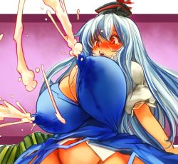  1girl blue_hair blush bottomless breasts cleavage covered_erect_nipples female_focus gigantic_breasts groin hat kamishirasawa_keine lactation lactation_through_clothes long_hair open_mouth red_eyes sachito solo tears touhou  rating:Questionable score:96 user:Xander