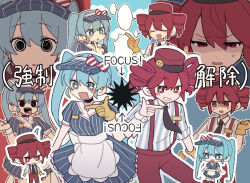  2girls apron black_eyes black_necktie blue_dress blue_hat blush_stickers bow buttons collared_shirt double-breasted dress drill_hair gloves grin hat hatsune_miku highres kasane_teto looking_at_viewer mesmerizer_(vocaloid) multiple_girls necktie open_mouth pants pink_eyes pink_hair pink_hat pink_pants pinstripe_dress pinstripe_pattern pp_kuh2 puffy_short_sleeves puffy_sleeves shirt short_sleeves sidelocks smile sparkling_eyes speech_bubble striped_clothes striped_shirt suspenders twin_drills utau visor_cap vocaloid white_apron wrist_cuffs yellow_gloves 