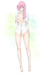  10s 1girl barefoot blue_eyes breasts covered_erect_nipples covering_privates covering_one_breast final_fantasy final_fantasy_xiii full_body hair_over_one_eye large_breasts legs libre lightning_farron looking_at_viewer nipples open_clothes open_shirt pink_hair see-through shirt solo thighs  rating:Questionable score:65 user:danbooru